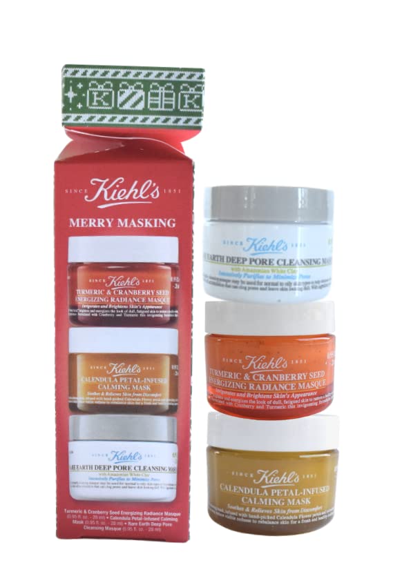 Kiehl's Merry Masking Trio Holiday Gift Set:: Turmeric & Cranberry Seed Energizing Radiance Mask, Calendula Petal-Infused Calming Mask, and Rare Earth Deep Pore Cleansing Mask